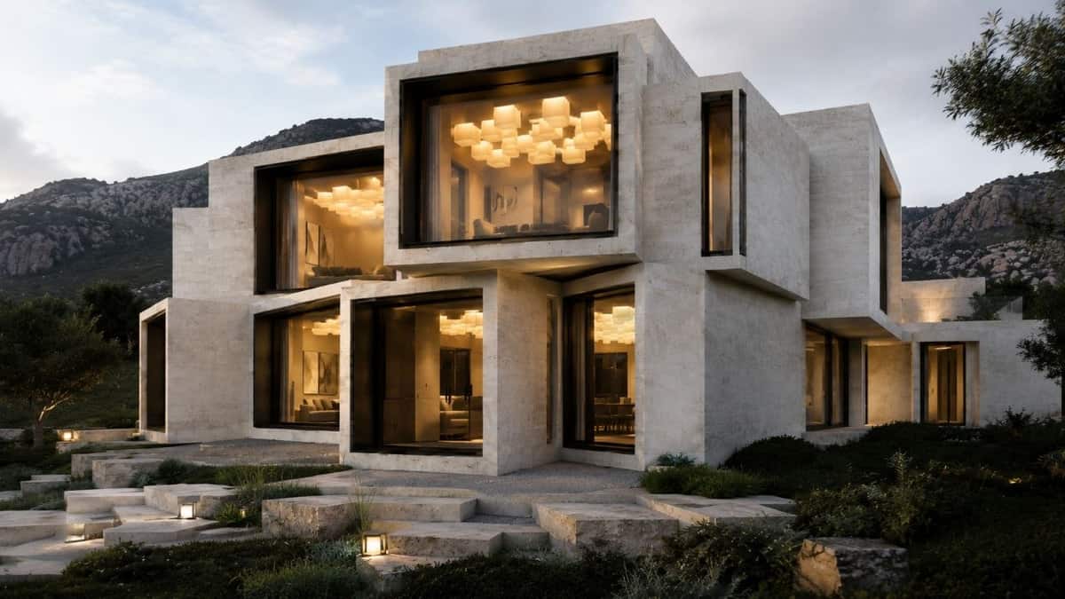 Calma.Basic modular mountain home at dusk — prefabricated assembly glowing against the range